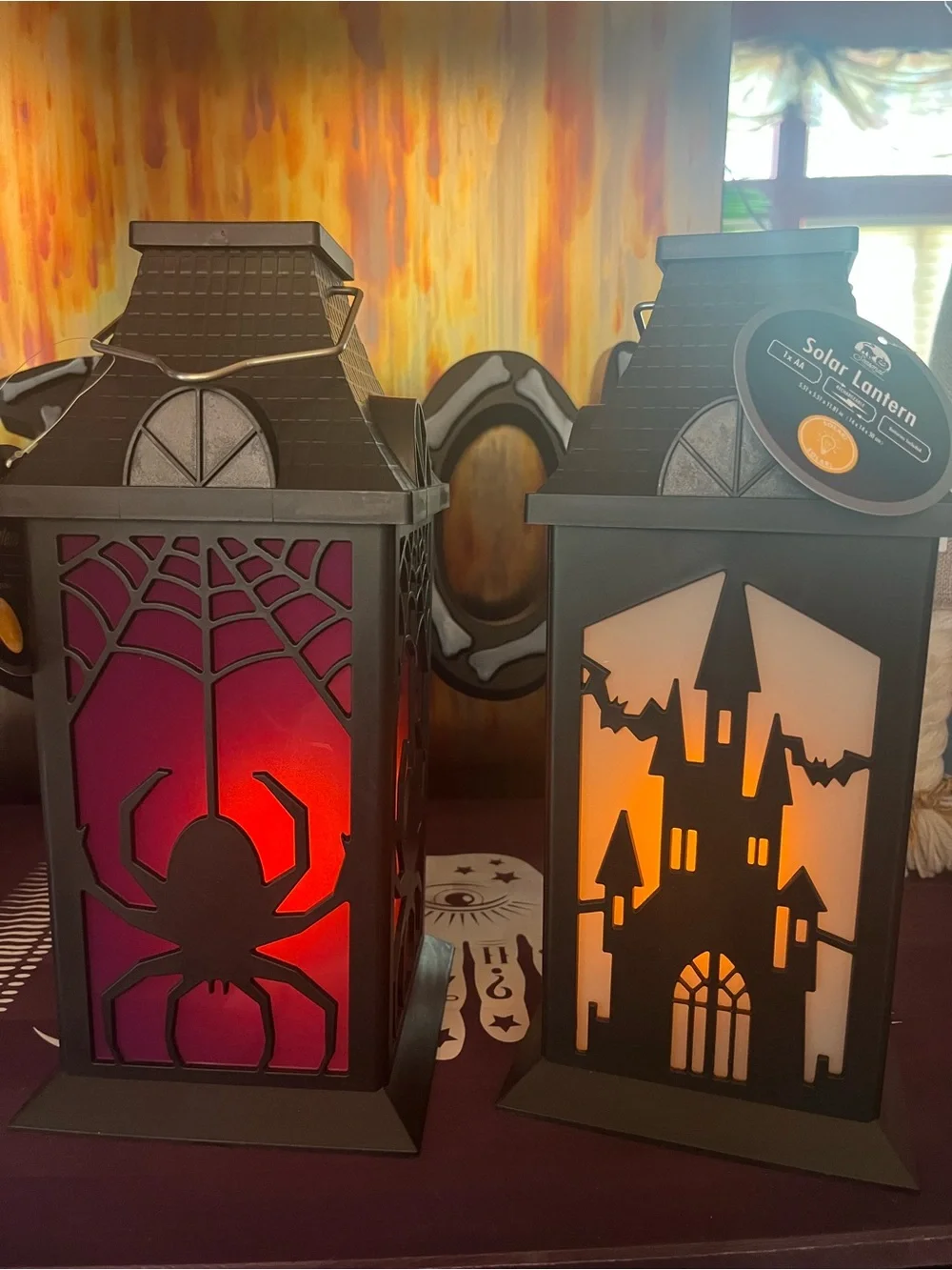 2-Pc Large Solar LED Halloween Lanterns - Spider & Haunted Castle NWT
